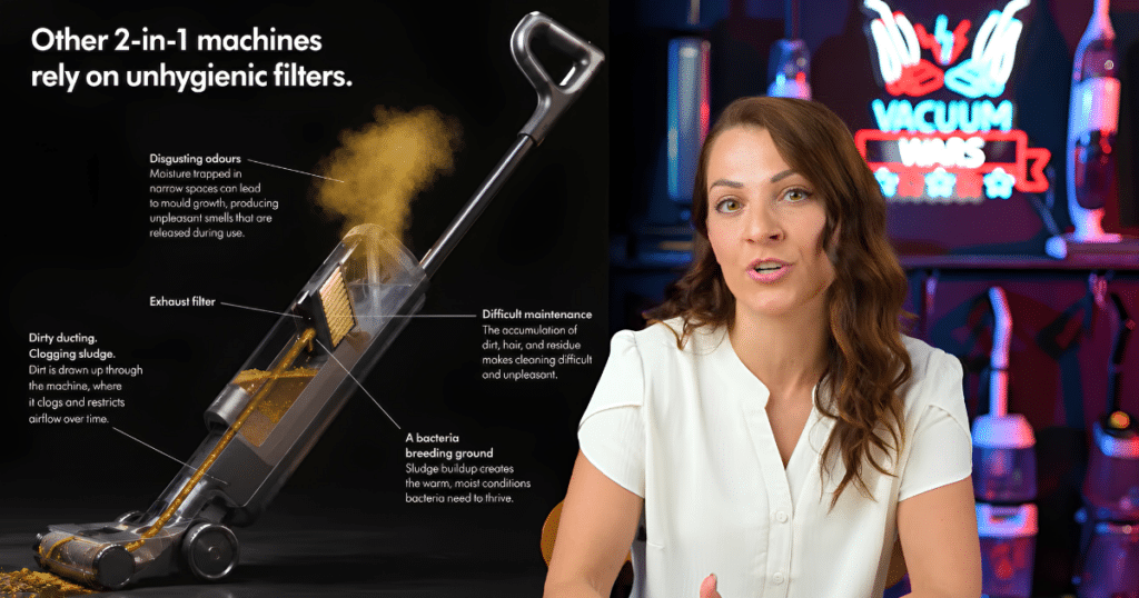 Dyson V16 Piston Animal Submarine Cleaner Head | Vacuum Wars Dyson V16 Submarine wet-cleaning system comparison graphic shown beside Vacuum Wars presenter during the mopping head explanation.