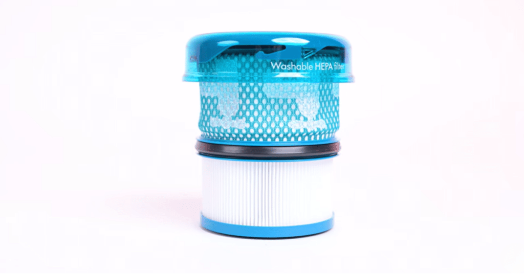 Dyson V16 Piston Animal Submarine Filter | Vacuum Wars Dyson V16 Piston Animal washable HEPA filter shown during the filtration section of the review.