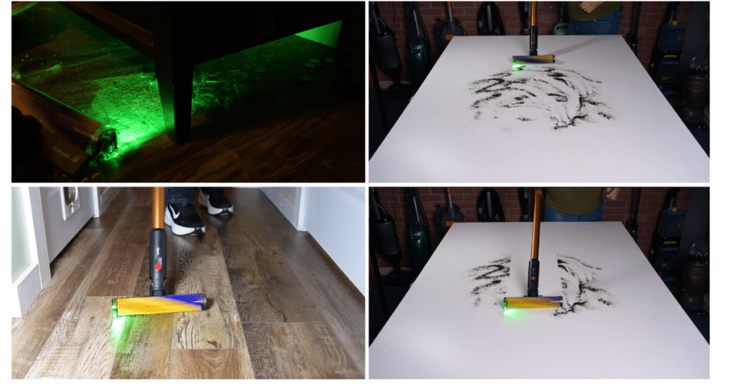 Dyson V16 Piston Animal Submarine Hard Floor Pickup Vacuum Wars | Vacuum Wars Dyson V16 Piston Animal soft roller cleaner head using green laser illumination to reveal and clean debris on hard floors.