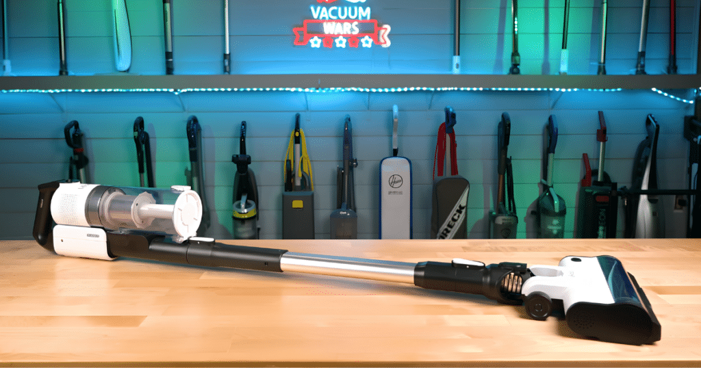 Levoit LVAC 200 Cordless Stick Vacuum Cleaner at the Vacuum Wars Studio | Vacuum Wars Levoit LVAC-200 cordless vacuum displayed on a table in the Vacuum Wars studio.