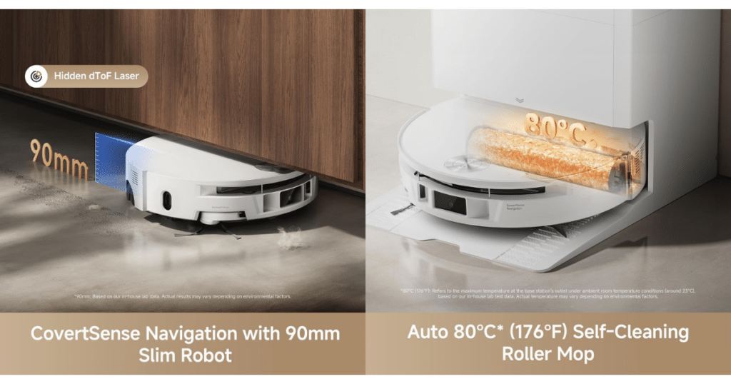 MOVA S70 Roller size dock | Vacuum Wars Image of the MOVA S70 Roller robot vacuum showing its 90mm ultra-slim design for cleaning under furniture alongside its self-cleaning dock with 80°C hot-water roller mop washing.