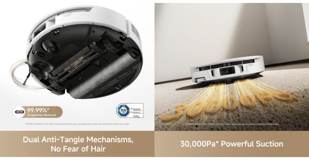 MOVA S70 Roller suction brush | Vacuum Wars Promotional image of the MOVA S70 Roller robot vacuum highlighting its optional Tri-cut anti-tangle brush and 30,000Pa suction system for cleaning carpets and removing pet hair.