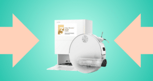 MOVA S70 Roller title | Vacuum Wars White circular-front appliance mounted on a white stand, with a visible '3-Year Warranty' label, set against a teal background with peach arrows.