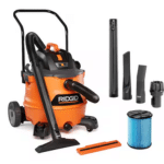 Ridgid 1800 | Vacuum Wars RIDGID orange shop vacuum with hose, wand, filter, and assorted attachments included in a compact setup.