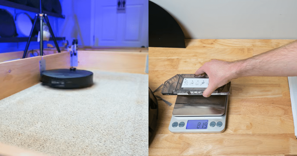 Roborock Saros 20 Sonic carpet deep clean | Vacuum Wars Roborock Saros 20 Sonic during Vacuum Wars' carpet deep-clean test and the collected debris weighed after cleaning.