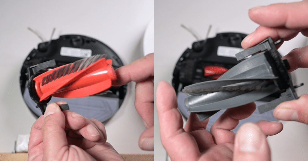Roborock Saros 20 Sonic carpet deep tangle test | Vacuum Wars Roborock Saros 20 Sonic after Vacuum Wars' hair-tangle test showing the DuoDivide brush with no hair wrapped around it.