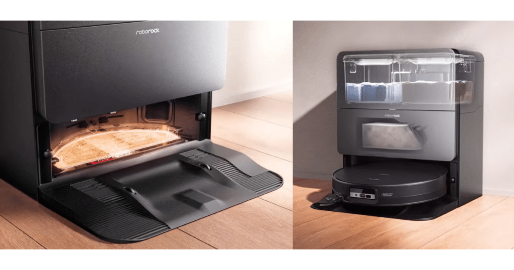 Roborock Saros 20 Sonic dock | Vacuum Wars Roborock Saros 20 Sonic dock showing hot-water mop washing, heated drying, and automatic maintenance features.