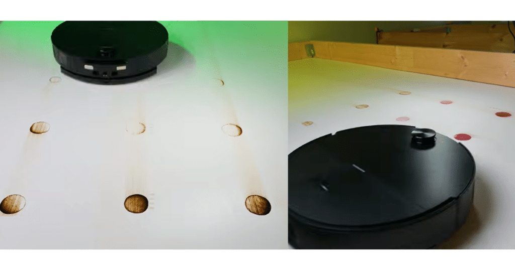 Roborock Saros 20 Sonic mop test | Vacuum Wars Roborock Saros 20 Sonic removing dried coffee stains during the Vacuum Wars mopping performance test.