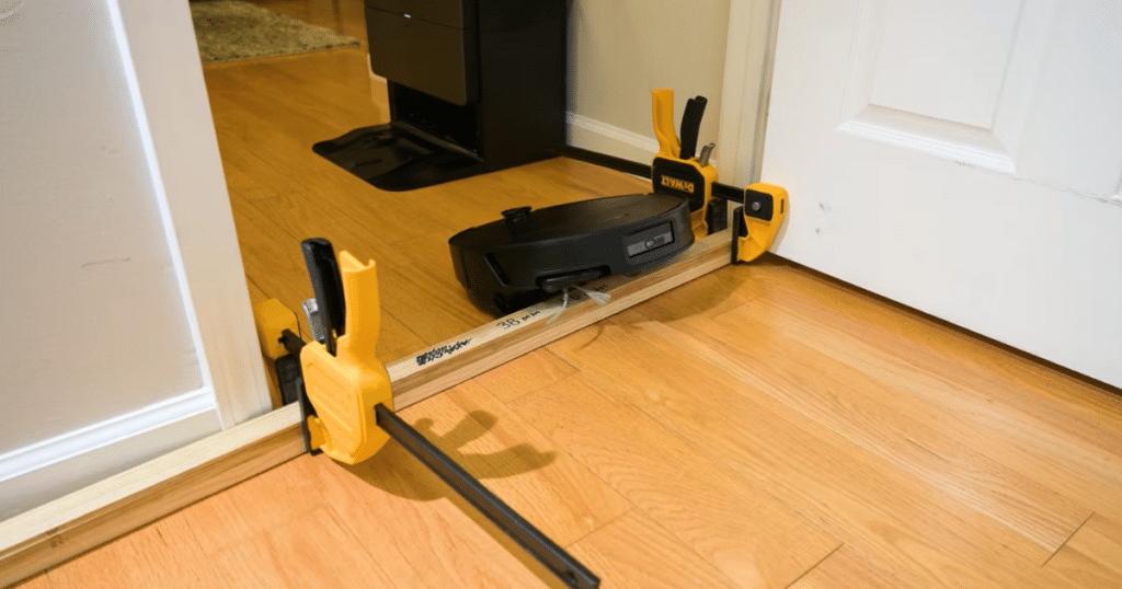 Roborock Saros 20 Sonic threshold climb test | Vacuum Wars Roborock Saros 20 Sonic climbing a raised threshold during the Vacuum Wars threshold-climbing test.