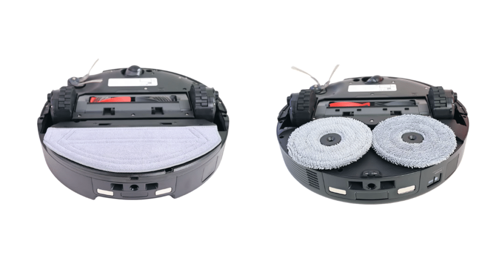 Roborock Saros 20 Sonic vs Saros 20 | Vacuum Wars Bottom view comparison of the Roborock Saros 20 Sonic with its ultrasonic vibrating flat mop and the standard Saros 20 with dual spinning mop pads.