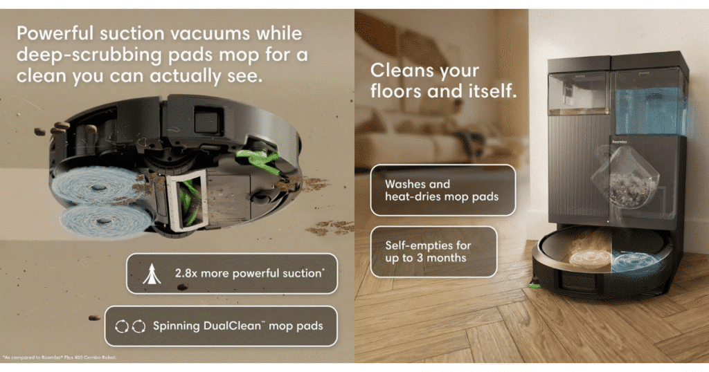 Roomba 415 Combo features | Vacuum Wars Feature graphic highlighting the Roomba Plus 415 Combo's dual spinning mop pads, SmartScrub™ mopping, ClearView™ LiDAR navigation, and AutoWash™ Dock.