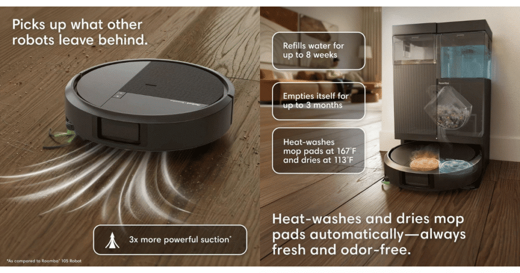 Roomba 515 Combo features | Vacuum Wars Feature graphic highlighting the Roomba Plus 515 Combo's 3× stronger suction, DualClean™ spinning mop pads, ClearView™ LiDAR navigation, and AutoWash™ Dock.
