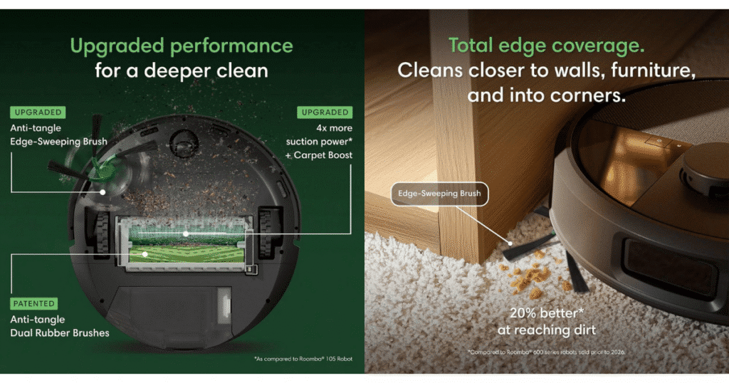 Roomba 715 Vac features | Vacuum Wars Feature graphic for the Roomba Max 715 Vac highlighting increased suction, anti-tangle dual rubber brushes, Carpet Boost, and improved edge cleaning.