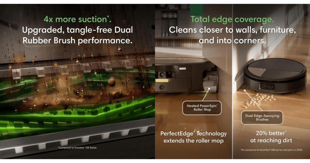 Roomba 757 Combo features | Vacuum Wars Graphic highlighting the Roomba Max 775 Combo's key features, including increased suction, PowerSpin Roller Mop, dual anti-tangle rubber brushes, and PerfectEdge technology for improved edge cleaning.