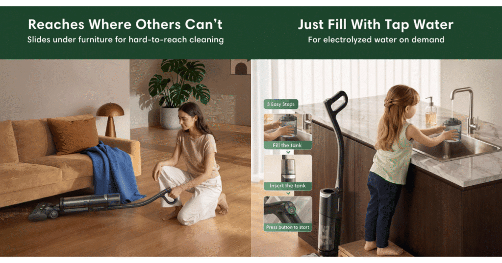 Roomba Electro Plus features | Vacuum Wars Feature graphic highlighting the Roomba Electro Plus using electrolyzed tap water for chemical-free disinfection and cleaning under furniture.