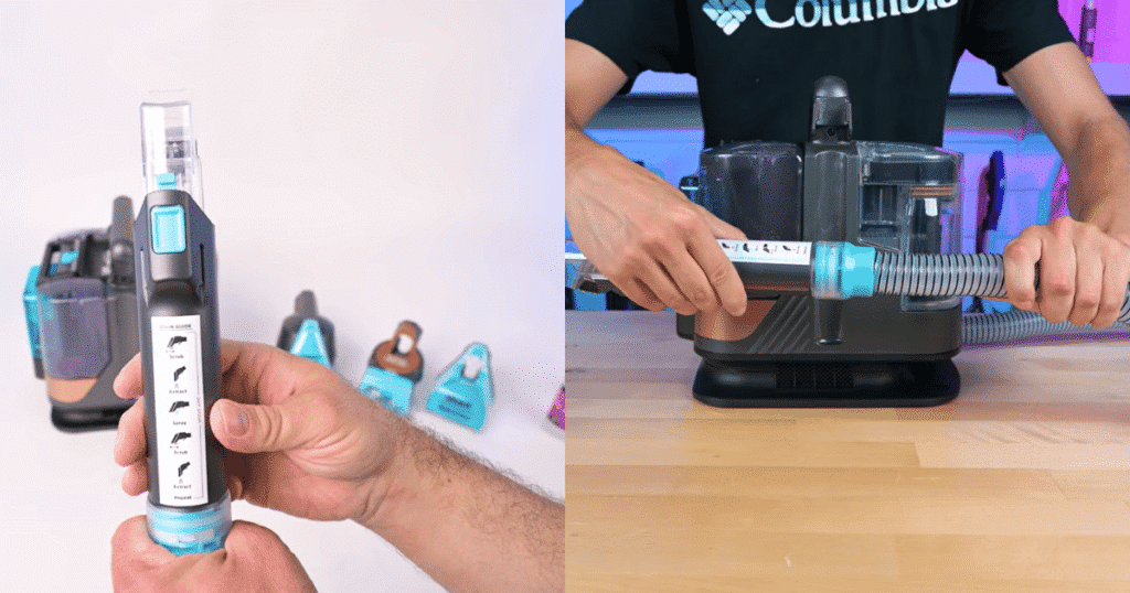 Shark StainStriker handle | Vacuum Wars Close-up of the Shark StainStriker HairPro swivel handle and hose connection during Vacuum Wars testing. The rotating handle helps prevent the hose from twisting while scrubbing carpet and upholstery stains.