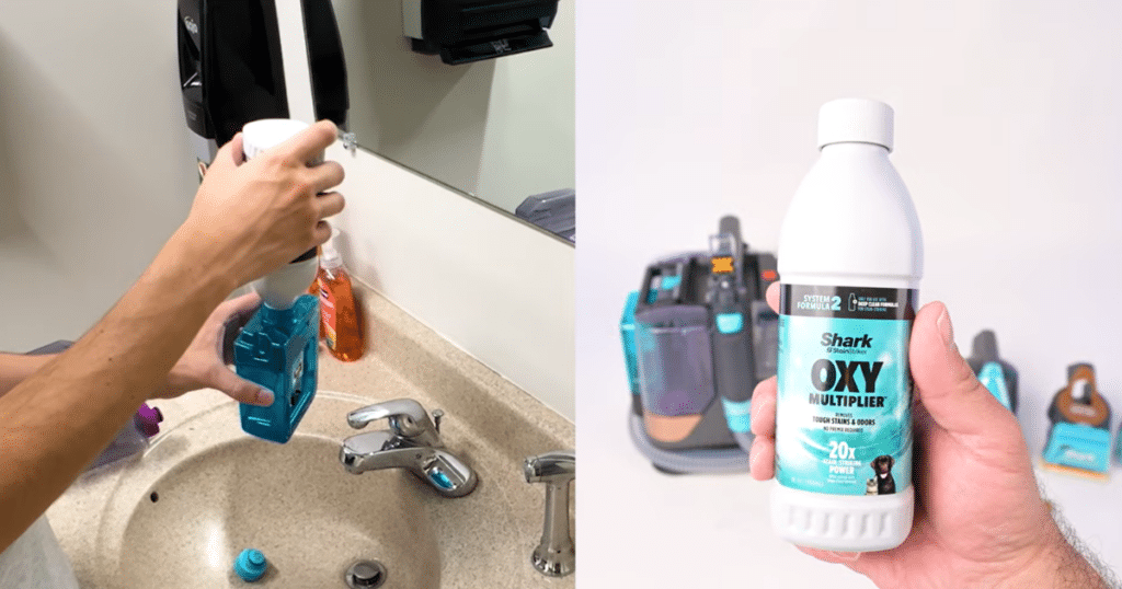 Shark StainStriker tank solution | Vacuum Wars Shark StainStriker HairPro portable spot cleaner solution tank with the Oxy style cleaning solution.