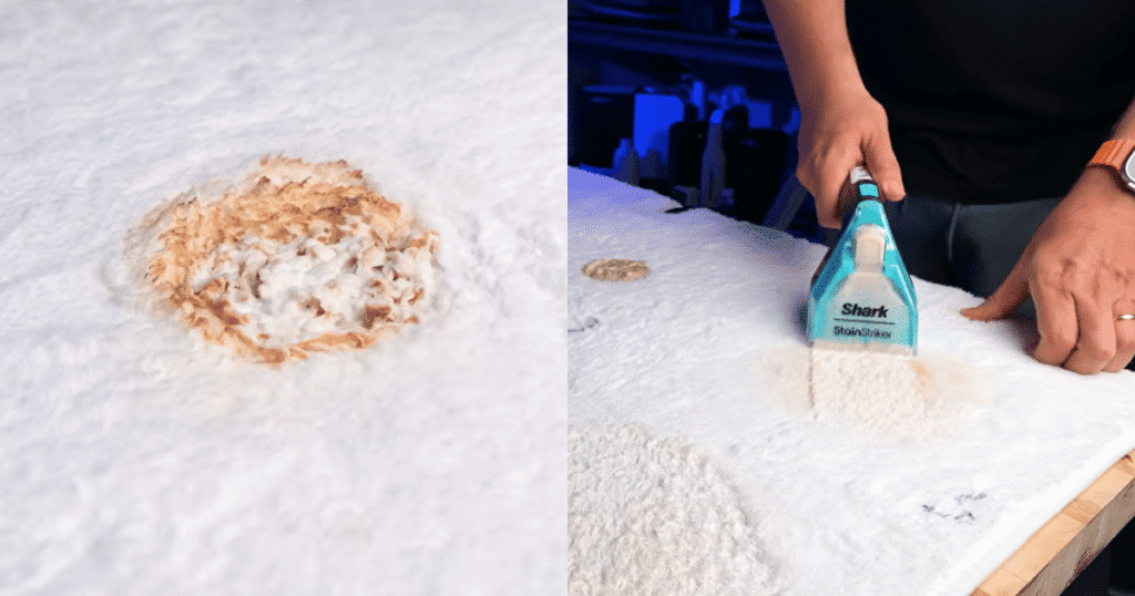 Shark StainStriker test | Vacuum Wars Before-and-after view of a dried carpet stain cleaned with the Shark StainStriker HairPro during the Vacuum Wars stain reduction test.