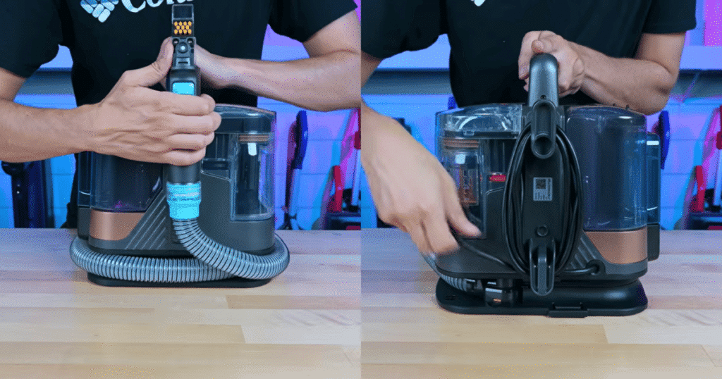 Shark StainStriker hose and cord | Vacuum Wars Shark StainStriker HairPro hose and power cord storage shown during Vacuum Wars testing. The portable spot cleaner has a 4.0-foot hose compared with the 4.8-foot category average and an 11.9-foot power cord compared with the 14.4-foot average.