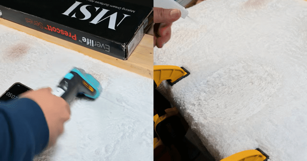 Shark StainStriker pretreat | Vacuum Wars Shark StainStriker HairPro cleaning a carpet stain after an oxy-based pre-treatment spray was applied during Vacuum Wars testing. For difficult stains, we recommend allowing the pre-treatment to dwell for about 5 minutes before extraction.