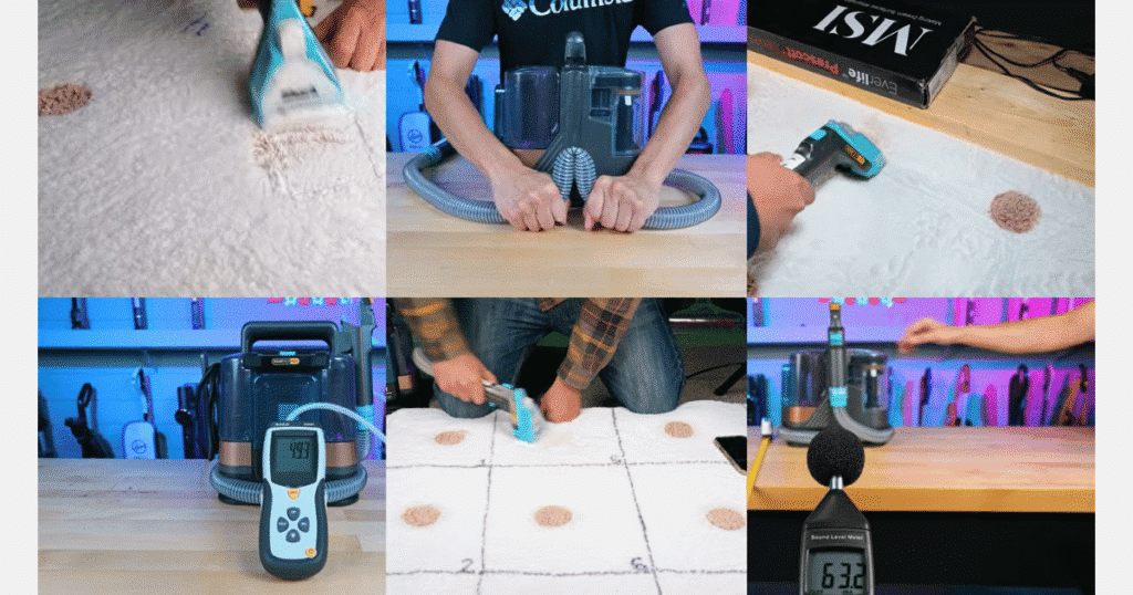 Shark StainStriker summary | Vacuum Wars Collage of Shark StainStriker HairPro testing at Vacuum Wars, highlighting stain removal, suction, portability, attachments, and overall performance. The portable spot cleaner delivered record-setting stain reduction, above-average internal suction, strong included accessories, and lightweight handling, with its main trade-offs being hose reach, cord length, and tank capacity.