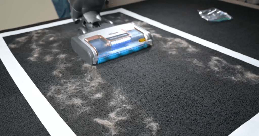 Shark Vertex IZ462H Vacuuming Hair on Carpet at Vacuum Wars | Vacuum Wars Shark Vertex IZ462H cordless vacuum picking up scattered pet hair from a dark carpet during testing.