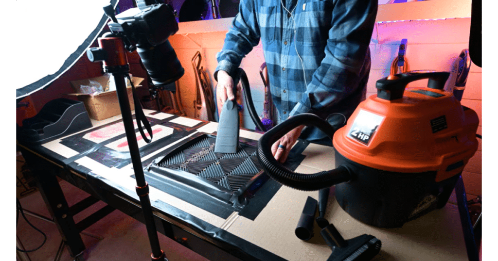 Testing the Armor All AA255W Attachment Set at Vacuum Wars | Vacuum Wars Armor All AA255W wet/dry vacuum undergoing Vacuum Wars studio evaluation with its hose, nozzle, and car floor mat.