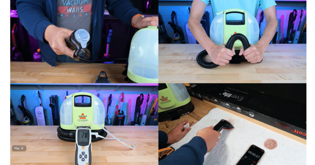 Testing the Bissell Little Green Mini Cordless spot cleaner at Vacuum Wars | Vacuum Wars Four-panel display of a carpet-cleaning machine with a handheld tool, hose, and a counter demonstration of setup and cleaning steps at a workbench.