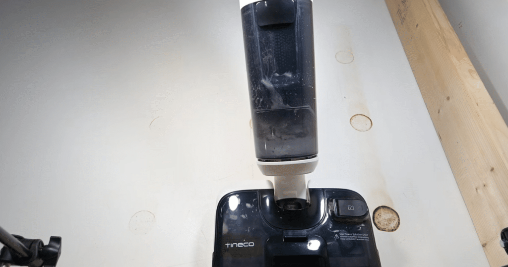 Tineco Floor ONE Stretch 6 wet dry vacuum mopping test at Vacuum Wars | Vacuum Wars Tineco Floor ONE Stretch S6 cleaning dried stains during Vacuum Wars hard floor cleaner testing.