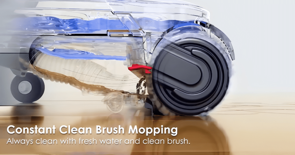 _Tineco Floor One i5 Stretch Constant Clean Brush Mopping | Vacuum Wars Cutaway view of the Tineco Floor One i5 Stretch separating dirty water from the roller while washing the floor with fresh water.