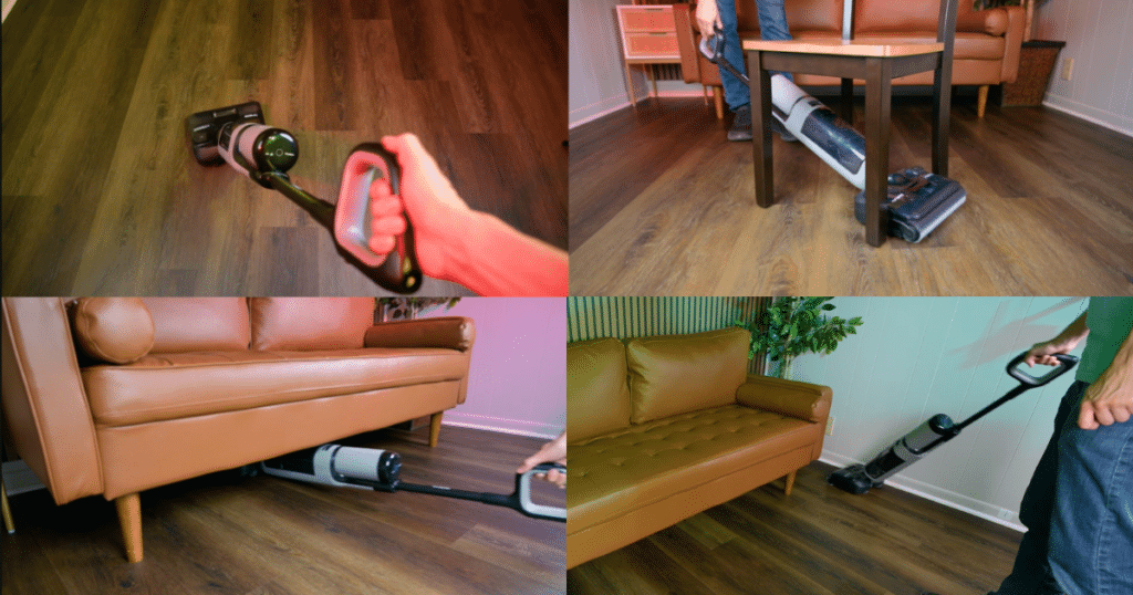 Tineco Floor One i5 Stretch Design and usability Vacuum Wars | Vacuum Wars Four-view collage showing the Tineco Floor One i5 Stretch steering across hard floors, maneuvering around furniture, reclining flat beneath a sofa, and cleaning along a wall.