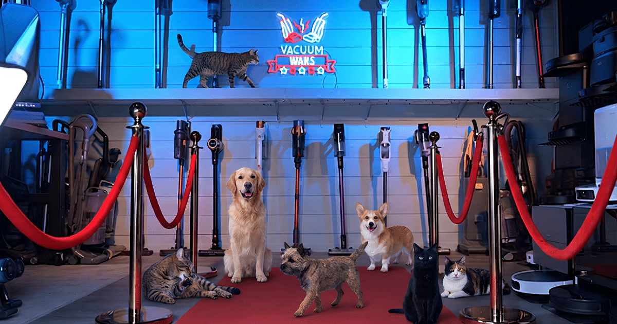 Vacuum Wars Best Cordless Vacuum for Pet Hair | Vacuum Wars Vacuum Wars studio display featuring cordless vacuums behind a red carpet, with dogs and cats posed in front beneath the Vacuum Wars sign.