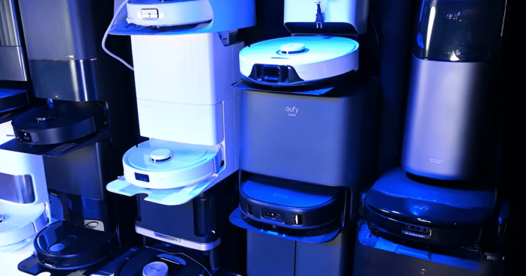 Vacuum Wars Studio Robots stacked | Vacuum Wars Multiple robot vacuums with self-emptying dock stations are displayed at the Vacuum Wars testing studio, representing the types of future models that could seek FCC Conditional Approval.