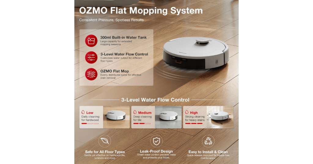 Yeedi C14 PRO Plus OZMO Flat Mopping | Vacuum Wars Yeedi C14 PRO Plus robot vacuum with OZMO Flat Mopping System, 300 mL water tank, and three water-flow levels.