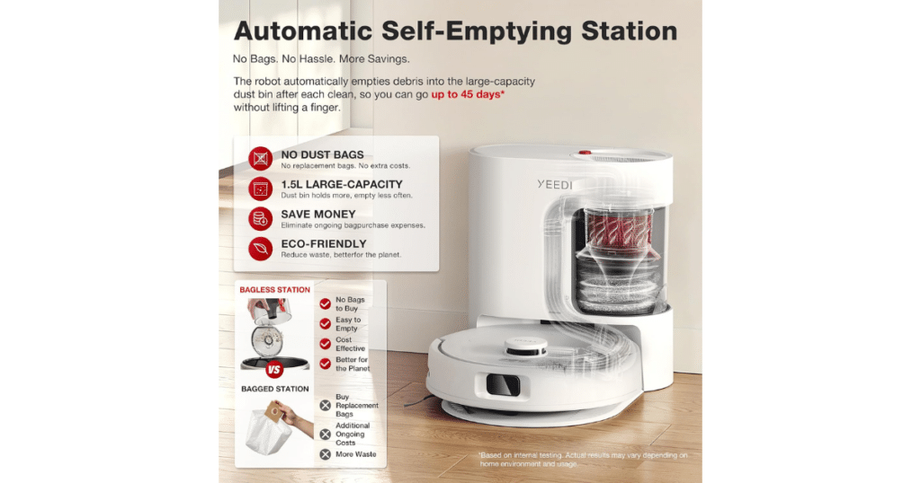 Yeedi C14 PRO Plus Self Empty Station | Vacuum Wars Yeedi C14 PRO Plus robot vacuum with bagless auto-empty station showing 1.5L dust bin and up to 45 days of debris storage.