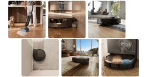 iRobot Mid 2026 New Arrivals Roomba and Electro Plus | Vacuum Wars Robot vacuum cleans a wooden floor as a crawling child watches nearby.