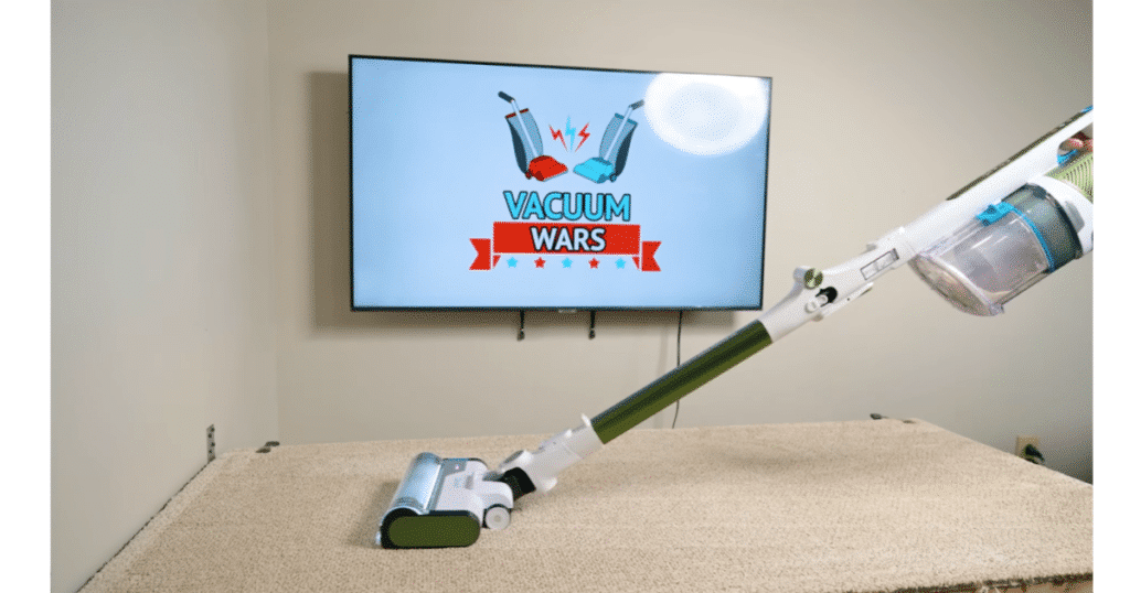 image | Vacuum Wars Vacuum Wars testing cordless vacuum carpet deep-cleaning performance on a carpeted test surface.