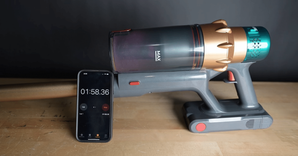 Battery Runtime Score Cordless Vacuum | Vacuum Wars Cordless vacuum battery runtime test with a stopwatch measuring operation in maximum power mode.