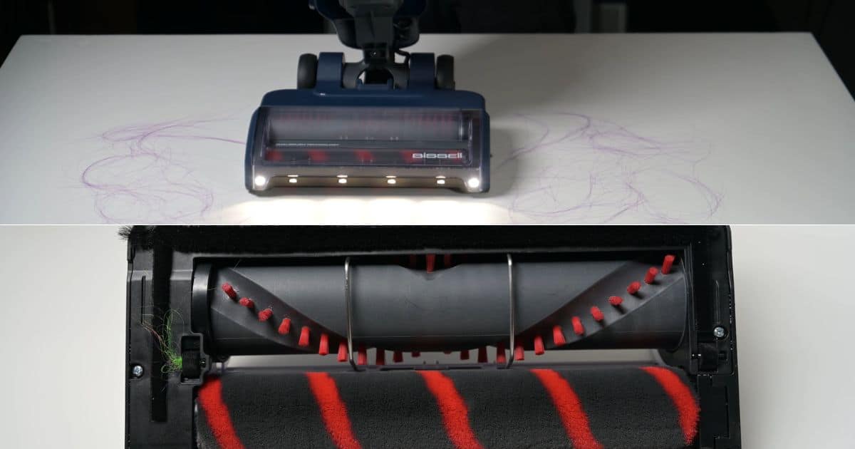 | Vacuum Wars Bissell Pet Hair Eraser DualBrush running over long hair during testing, with minimal hair remaining around the FurGuard brushroll afterward.