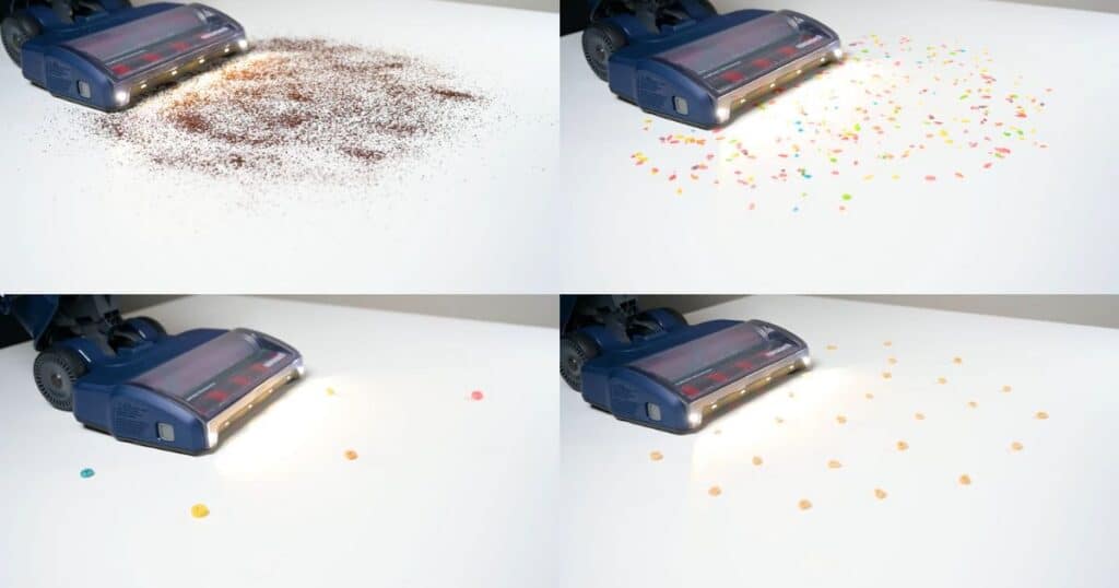 | Vacuum Wars Bissell Pet Hair Eraser DualBrush upright vacuum picking up fine dust, colorful flakes, large cereal pieces, and other debris from a hard floor.