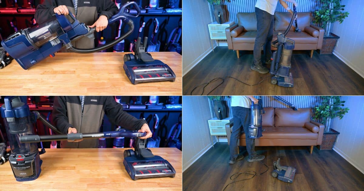 | Vacuum Wars Bissell Pet Hair Eraser DualBrush shown with its removable wand and Lift-Off canister configuration for above-floor cleaning.
