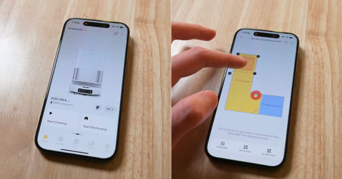 | Vacuum Wars Dreame app screens for the D30 Ultra showing the robot’s main controls, battery status, mapped rooms, and a no-go zone being added to the floor plan.