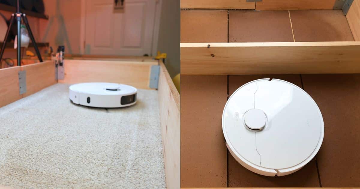 | Vacuum Wars Dreame D30 Ultra robot vacuum undergoing carpet deep-clean and crevice pickup testing on carpet and hard flooring.