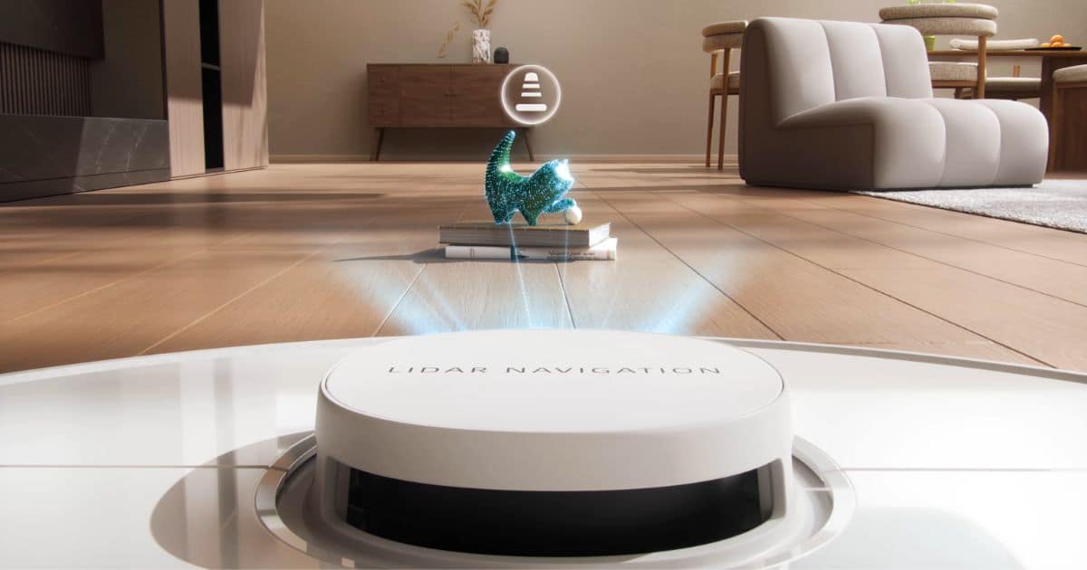 | Vacuum Wars Dreame D30 Ultra robot vacuum illustration showing its top-mounted LiDAR navigation system scanning a room and detecting an object ahead.