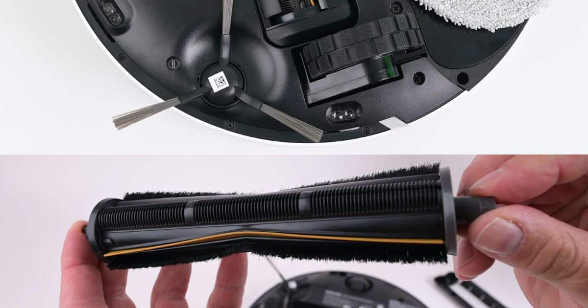 | Vacuum Wars Underside of the Dreame D30 Ultra showing its fixed side brush, with the TriCut anti-tangle main brush removed and shown close up.
