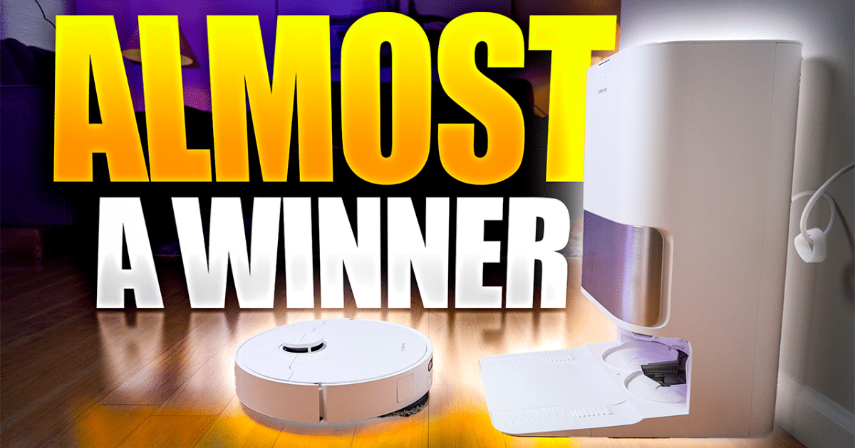 Dreame D30 Ultra robot vacuum and multifunction dock with large “ALMOST A WINNER” text in the background. Graphic is for the Dreame D30 Ultra review.