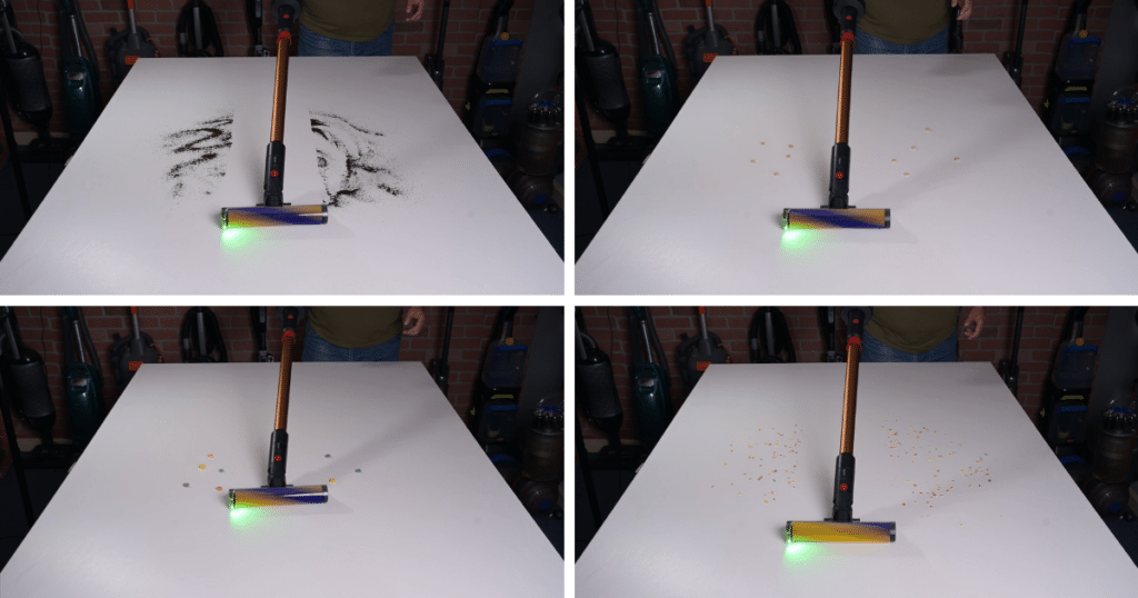 Dyson V16 Piston Animal Hard Floor Debris Pickup Test at Vacuum Wars | Vacuum Wars Vacuum Wars cordless vacuum hard-floor pickup test showing debris of different sizes on a hard-floor test surface.