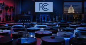 FCC Limits for Robot Vacuums | Vacuum Wars Wide shot of dozens of robot vacuums arranged across the Vacuum Wars studio floor, with an FCC logo displayed on a screen in the background and a government building dome visible to the right.