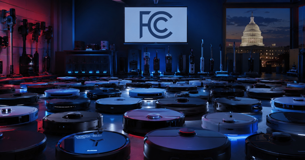 Wide shot of dozens of robot vacuums arranged across the Vacuum Wars studio floor, with an FCC logo displayed on a screen in the background and a government building dome visible to the right.