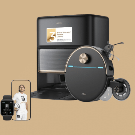 MOVA V70 Ultra Complete 450x450 | Vacuum Wars Collage of smart-home devices: a black coffee machine with a robotic vacuum, plus a smartwatch and a phone on the left displaying a sports app.